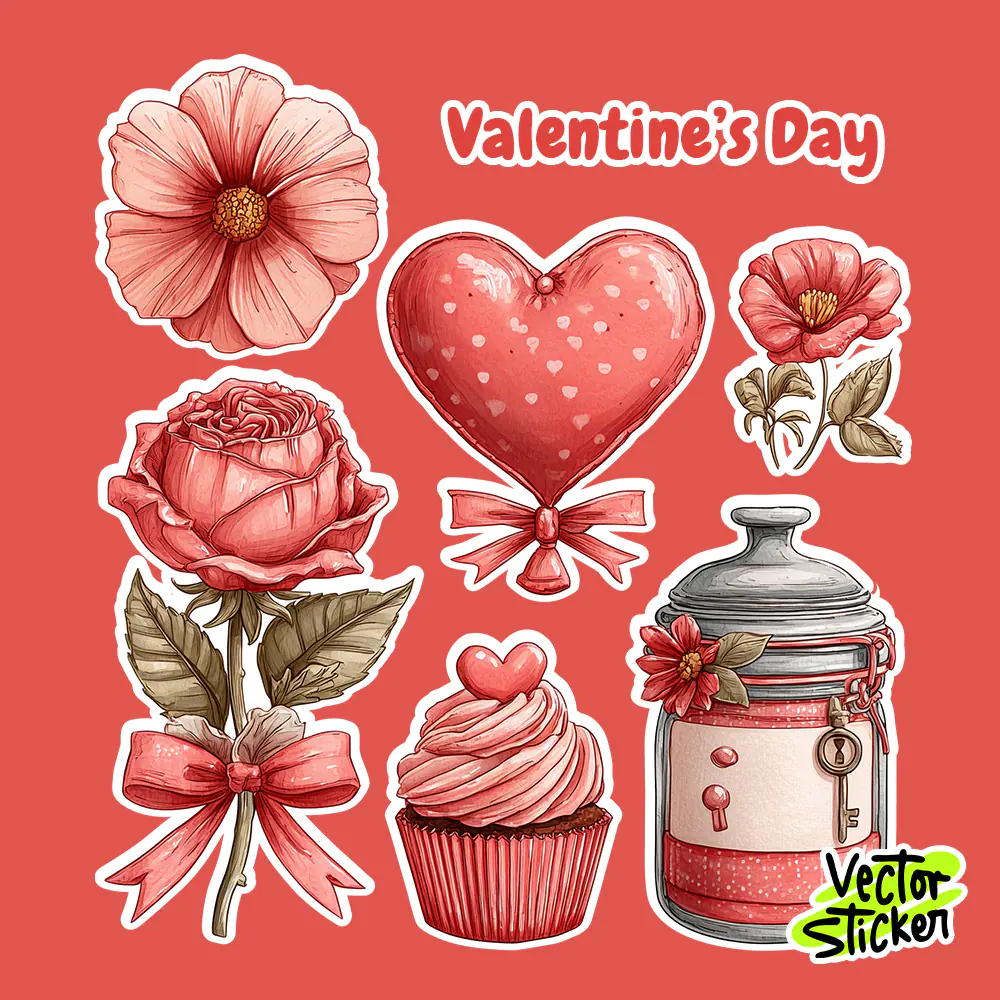 Valentine’s Day Watercolor Rose and Heart Sticker Set in Soft Red Tones