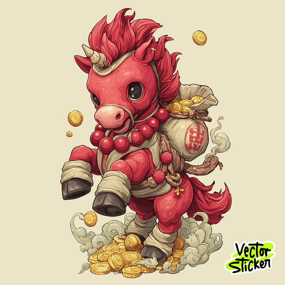 Chinese Style Lucky Red Unicorn Chibi Illustration with Gold Coins