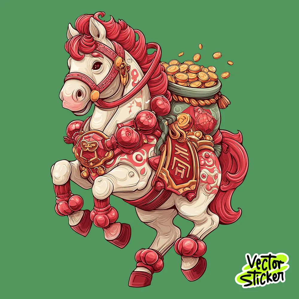 Chinese New Year Wealth Horse Sticker with Gold Coins and Festive Colors