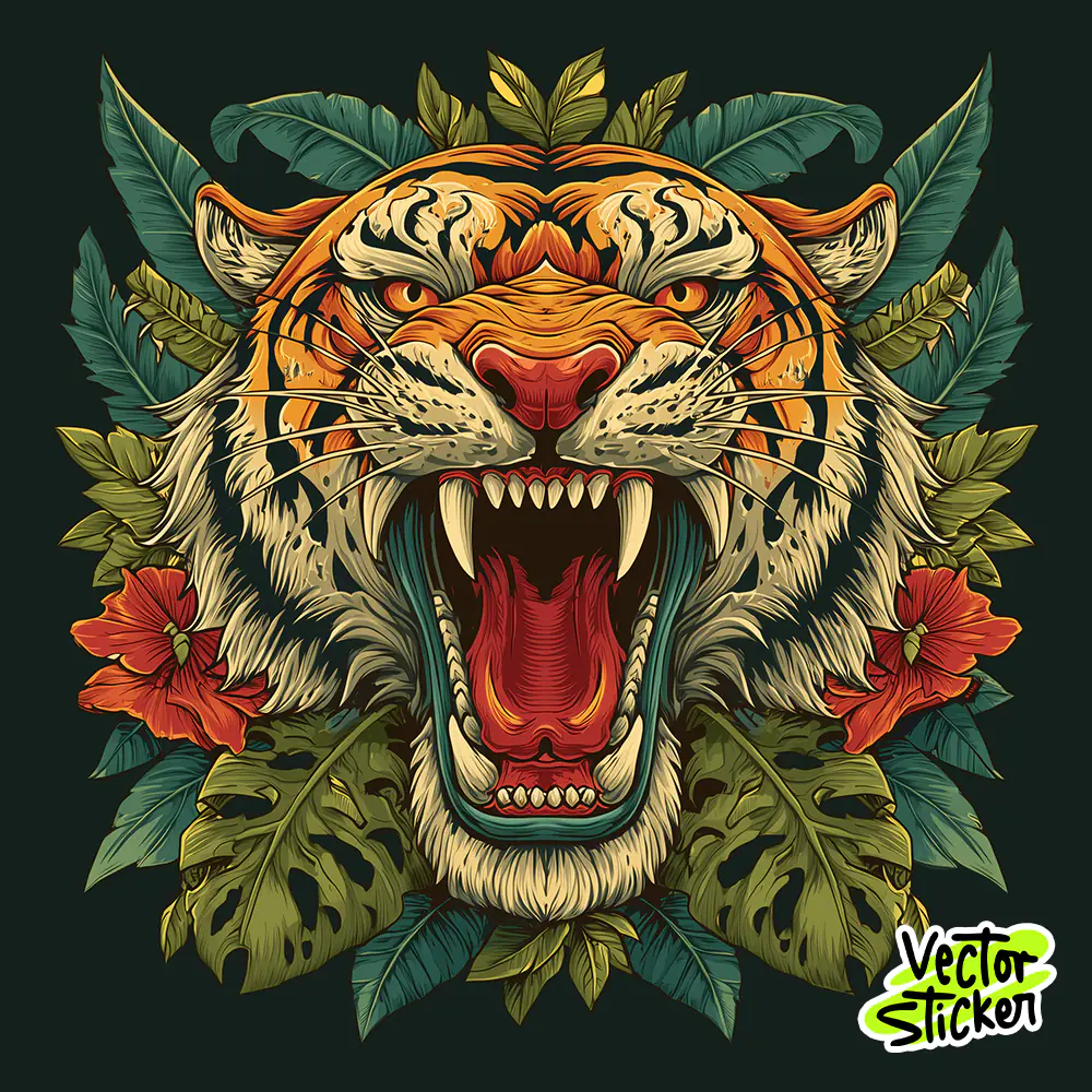 Roaring Tiger Floral Illustration Tattoo Style T-Shirt Design PNG