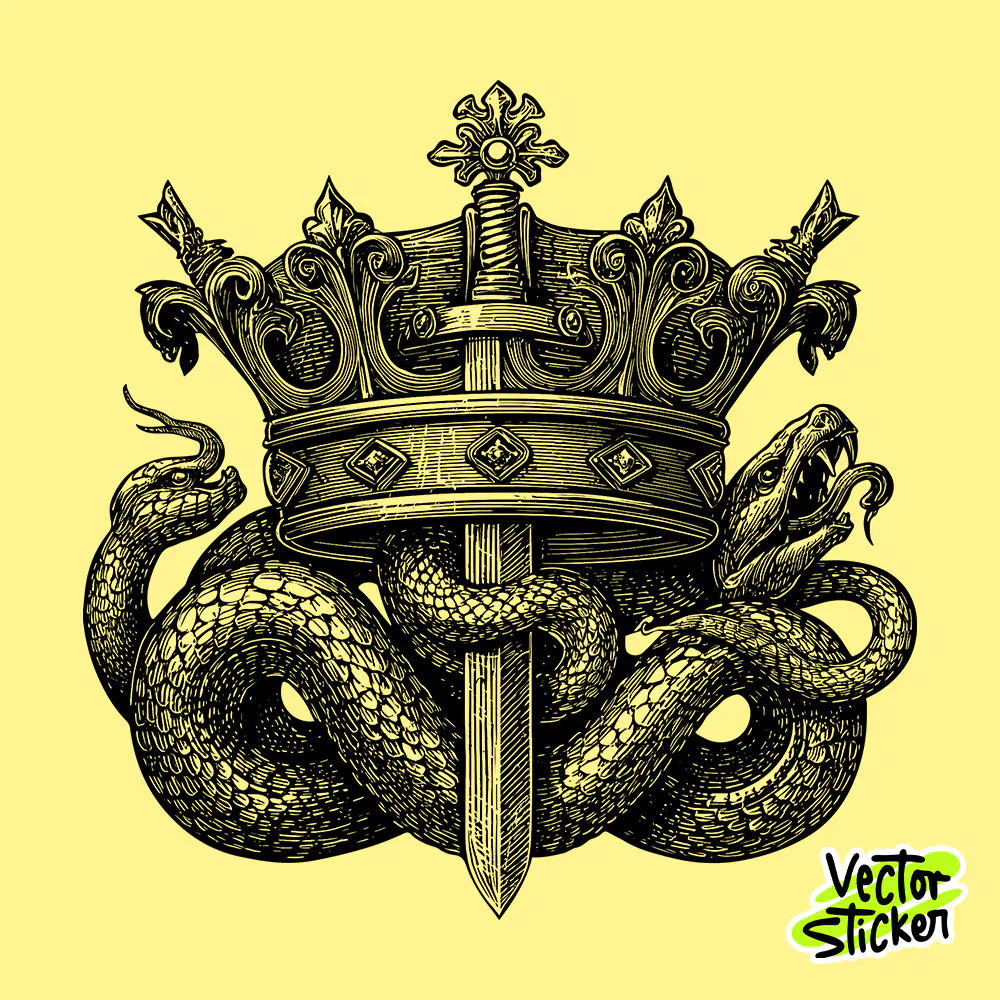 Vintage Crown Sword Snake Vector | Tattoo-Style T-Shirt Design