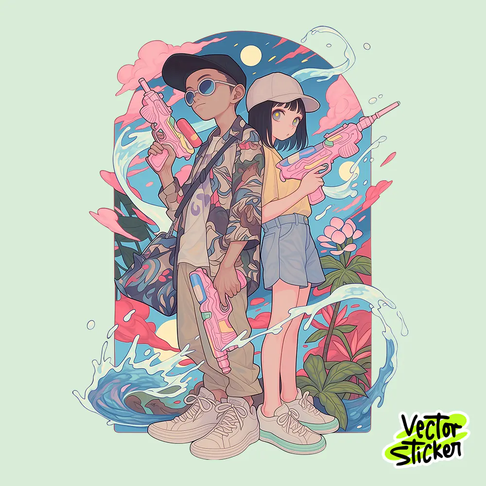 Aesthetic Songkran Festival Couple Poster PNG Thailand Water Festival Sticker Design