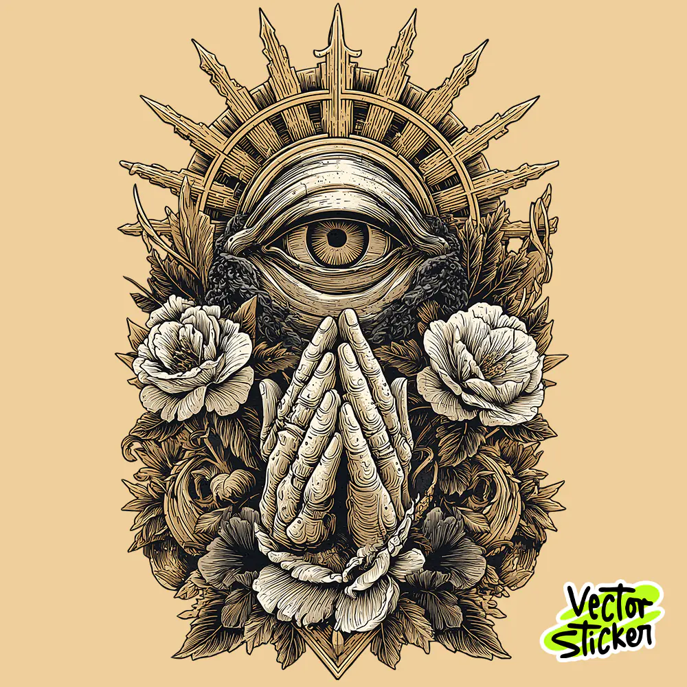 Surreal Eye & Praying Hands Blackwork T-Shirt Design Free PNG | VectorSticker