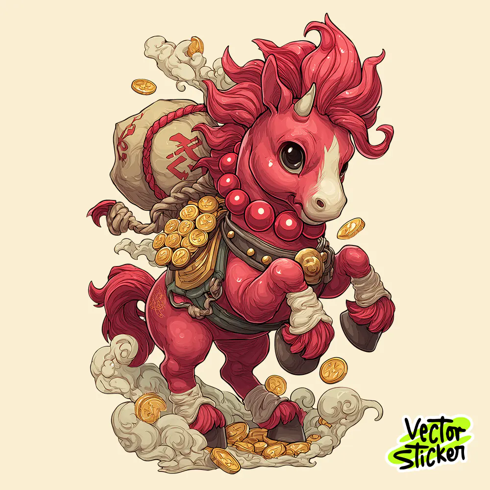 Chinese New Year Lucky Horse Cartoon Illustration in Red and Gold