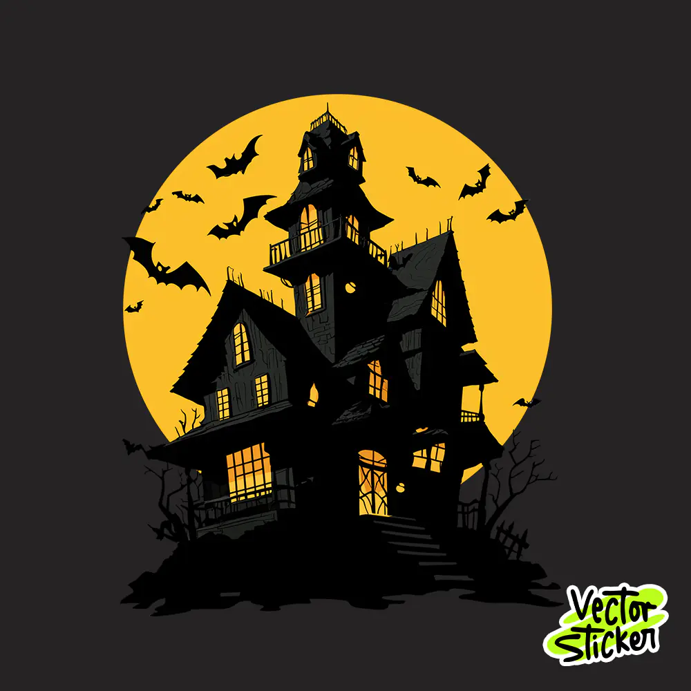 Halloween Haunted House with Bats and Full Moon