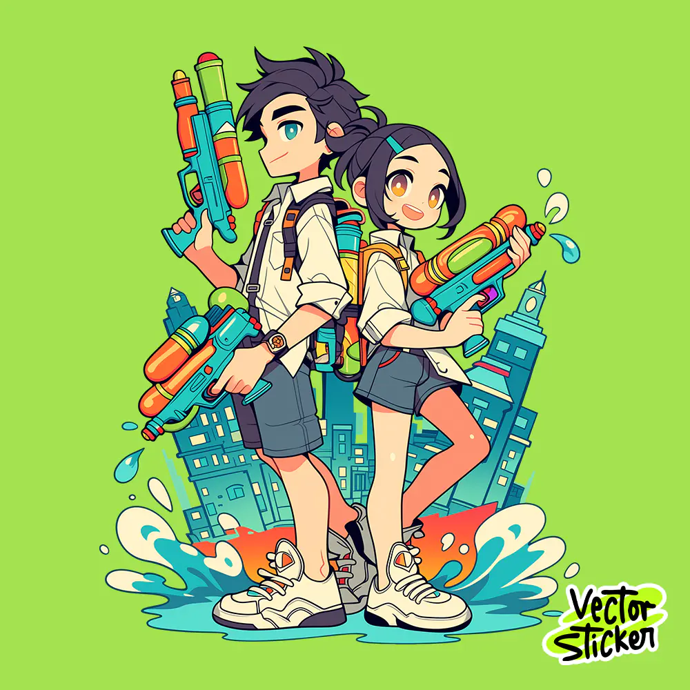 Songkran City Water Fight Couple PNG Thailand Festival Splash Sticker Design