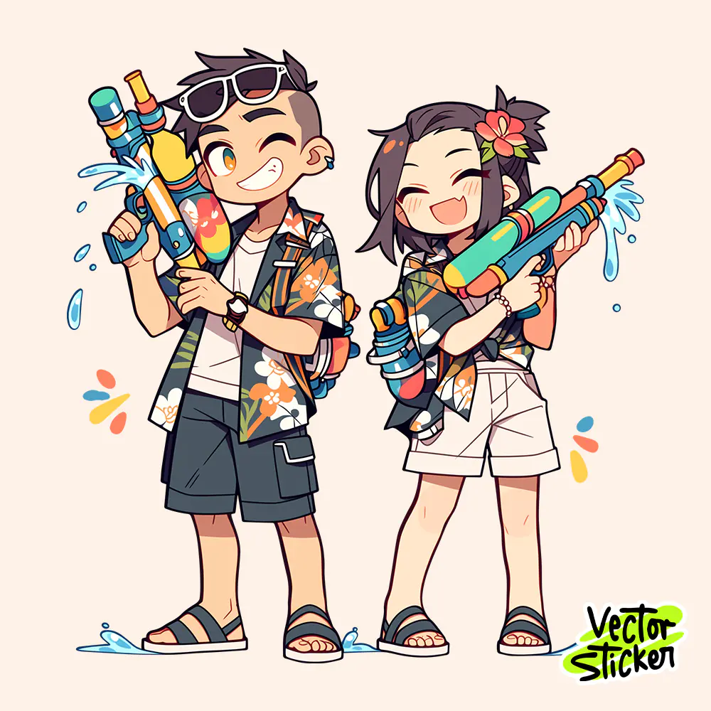 Songkran Festival Couple Water Gun PNG Cute Thailand Water Festival Sticker Design