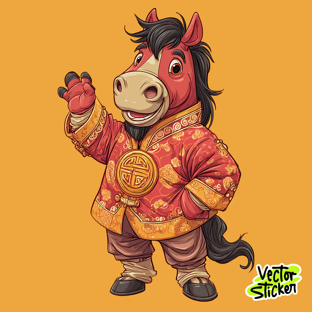 Cute Chinese New Year Horse Mascot Illustration in Red and Gold