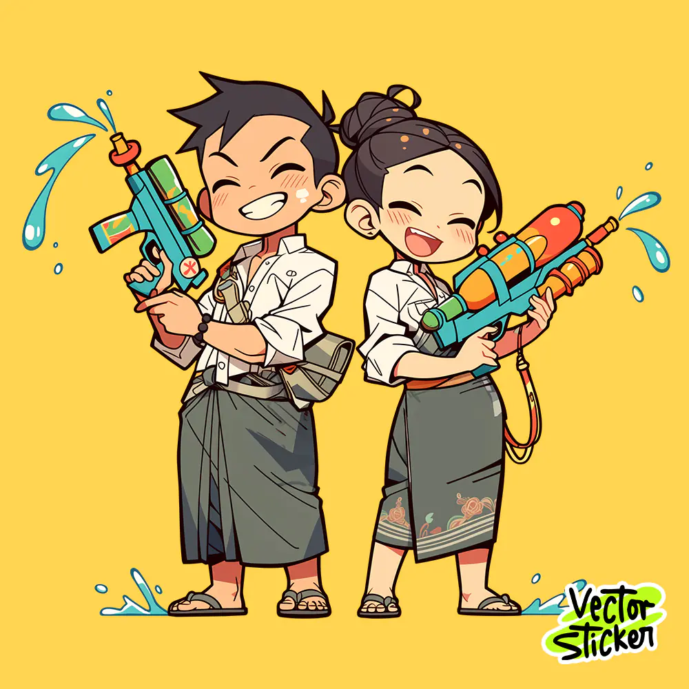 Myanmar Thingyan Water Festival Burmese Couple Longyi Water Gun PNG