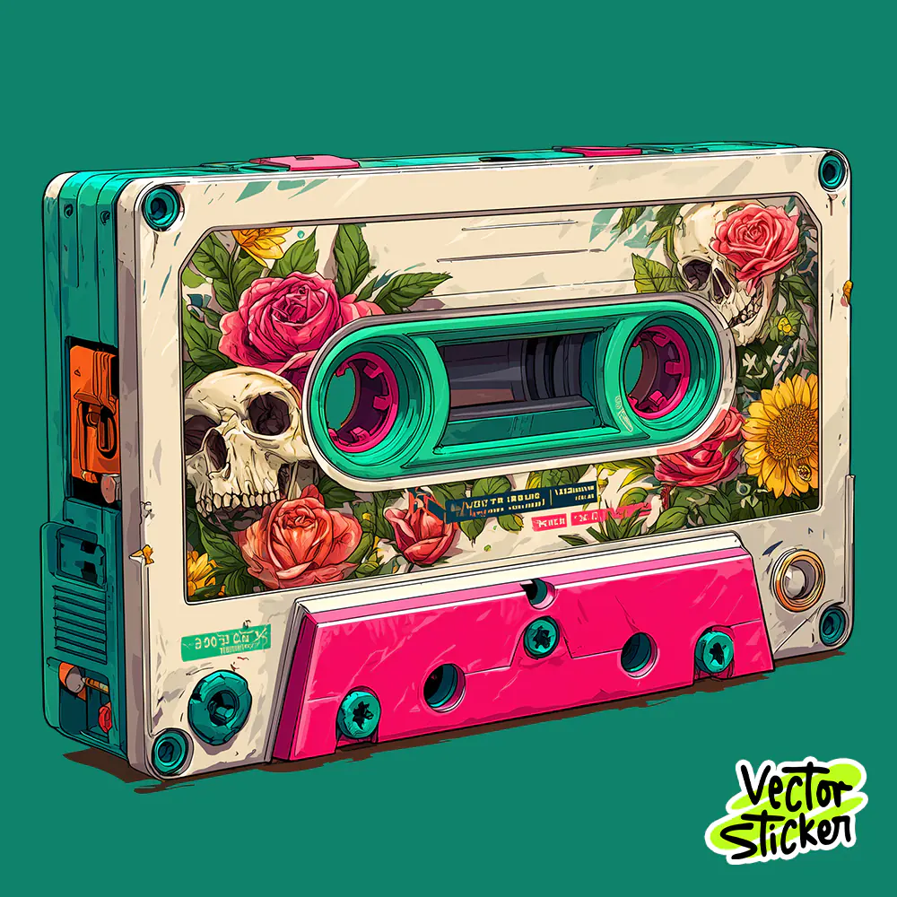 Retro Skull Floral Cassette Tape Vintage Music Illustration T-Shirt Design PNG