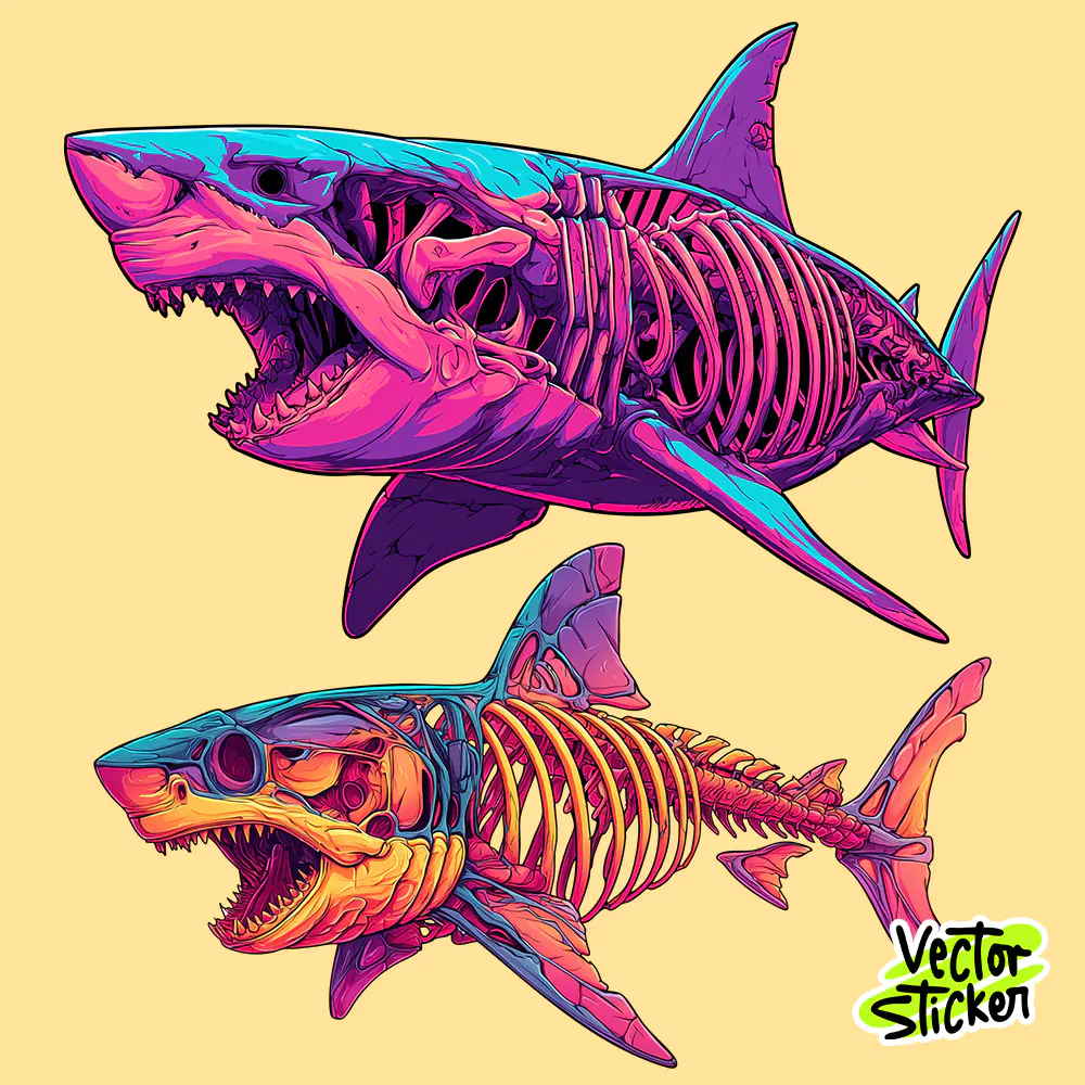Free T Shirt Design – Neon Skeleton Shark Duo Illustration
