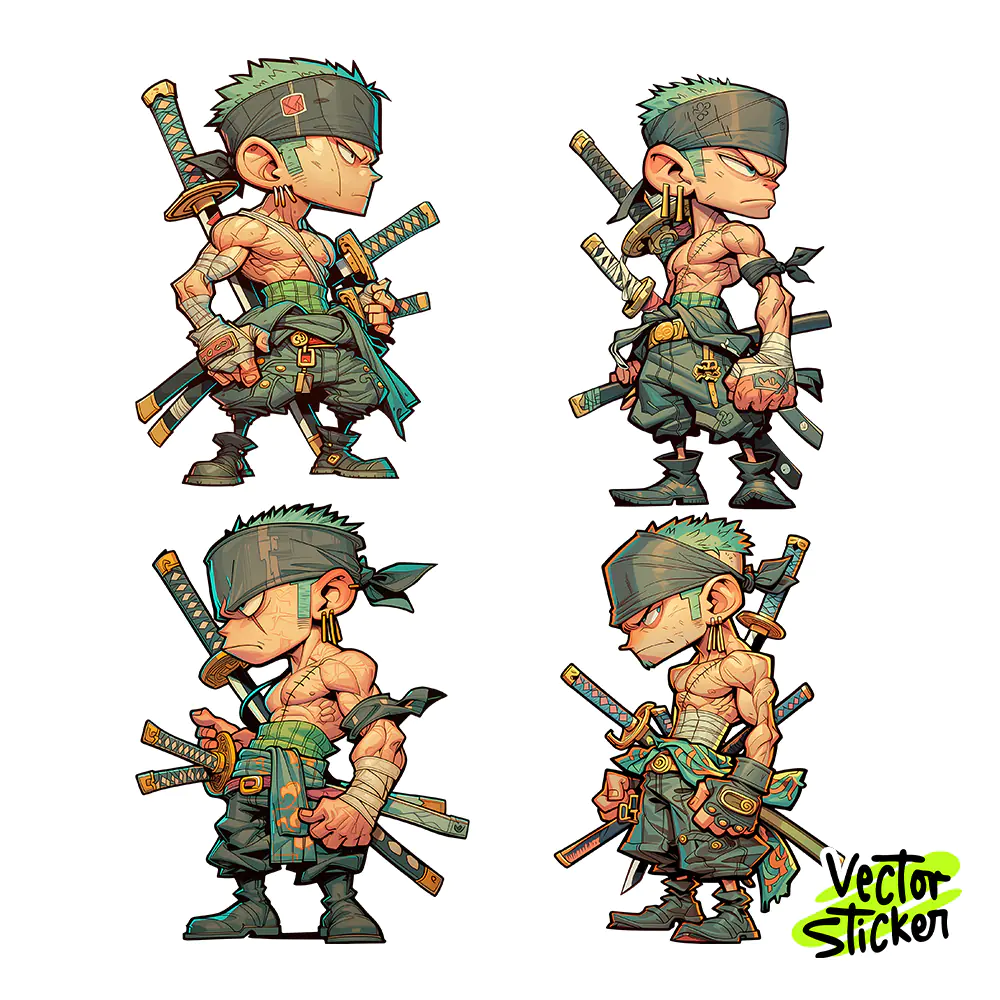 Three Sword Warrior Boy Anime Variation Sticker Pack PNG