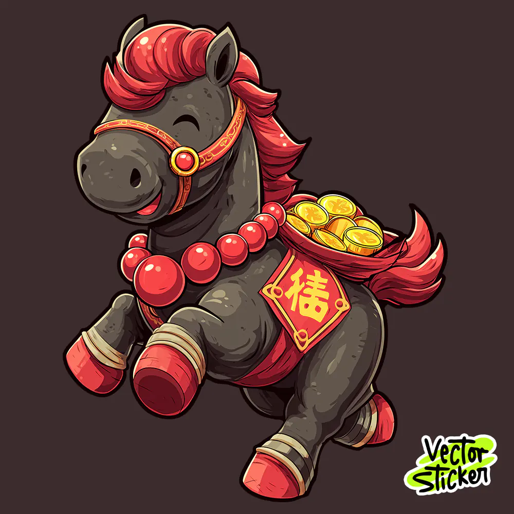 Chinese New Year Lucky Horse Cartoon Illustration in Black and Red