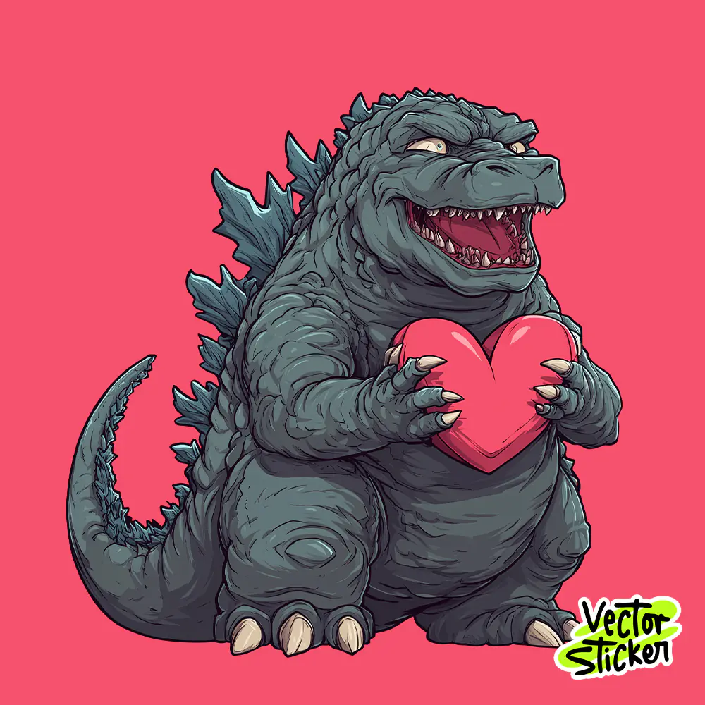 Cute Godzilla Holding Heart Valentine Sticker – Cartoon Style PNG