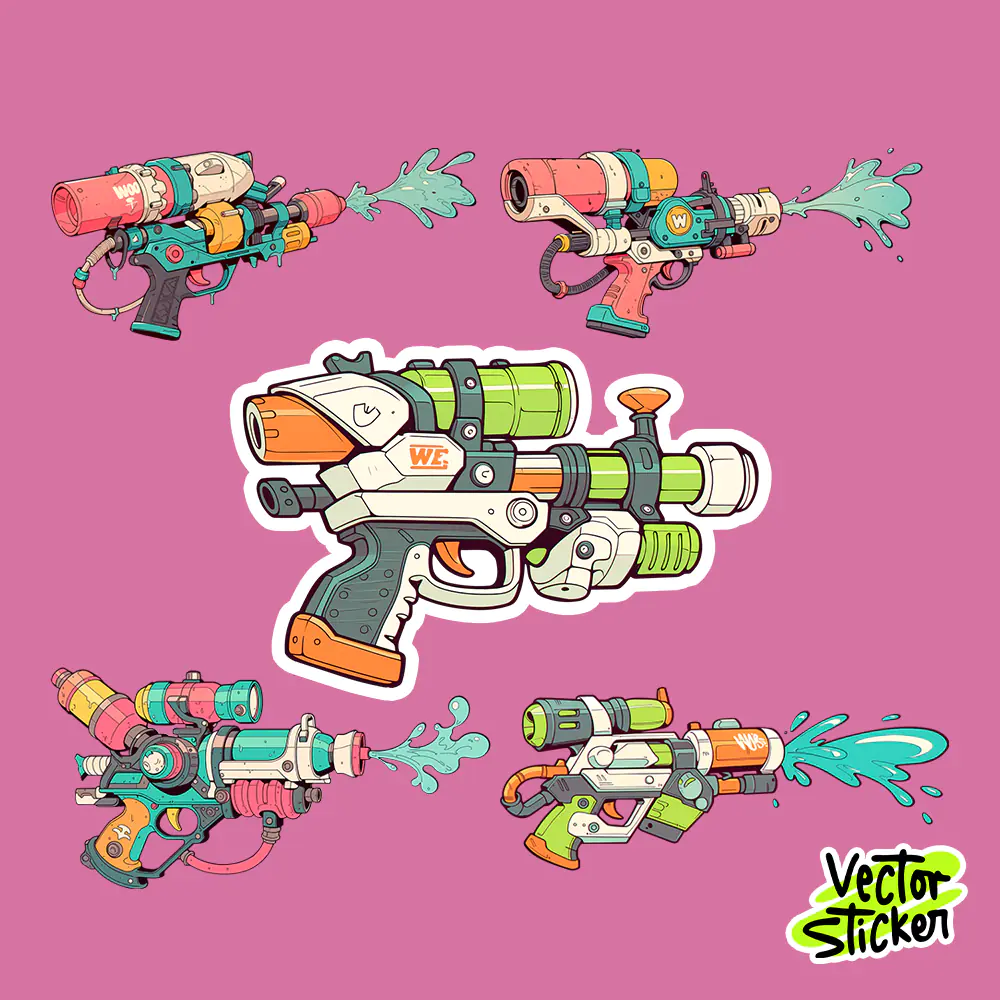 Water Festival Water Gun Sticker Set Outline Style PNG