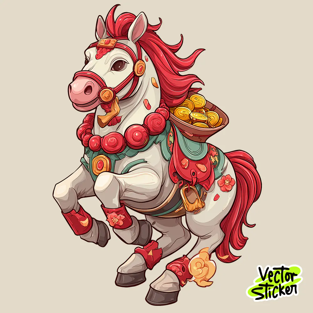 White Lucky Horse Carrying Gold Coins Chinese New Year Illustration