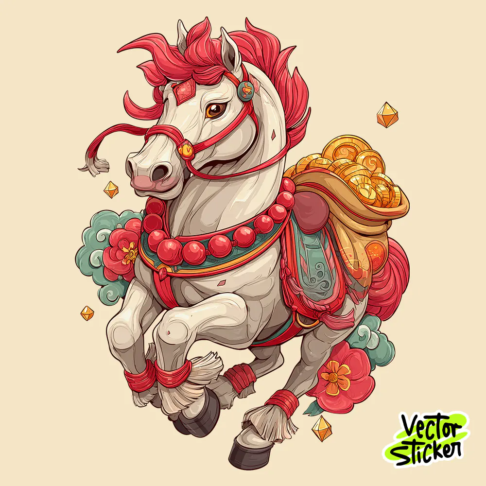 Chinese New Year Lucky Horse Carrying Gold Coins – Festive Red PNG Illustration