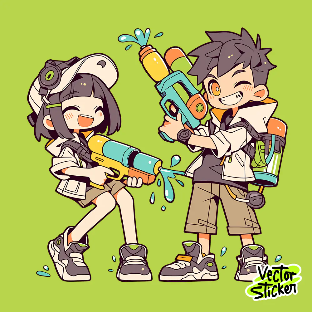 Thingyan Water Festival Playful Couple Water Gun Cartoon PNG