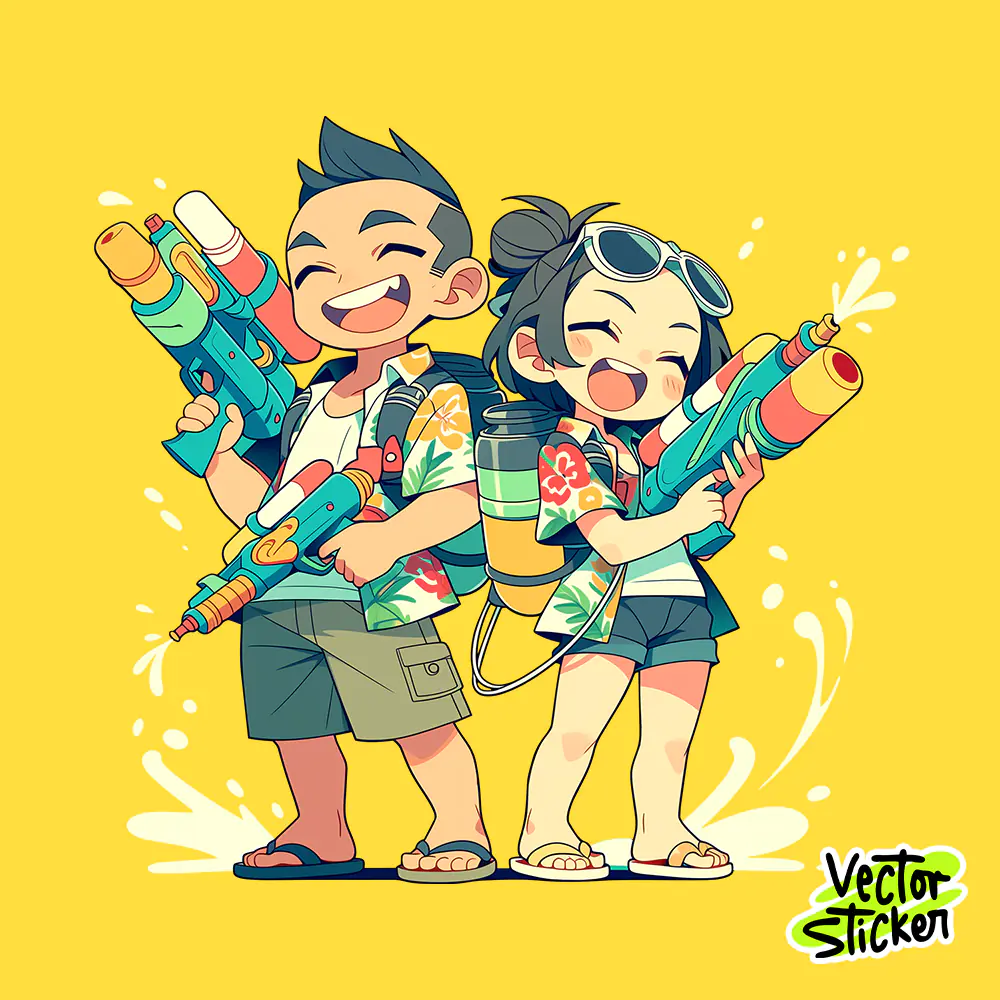 Happy Songkran Water Gun Kids PNG Cute Thailand Water Festival Sticker Design