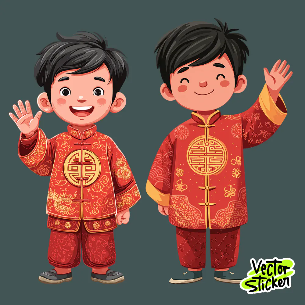 Chinese New Year Two Boys Mascot Illustration in Traditional Red Style