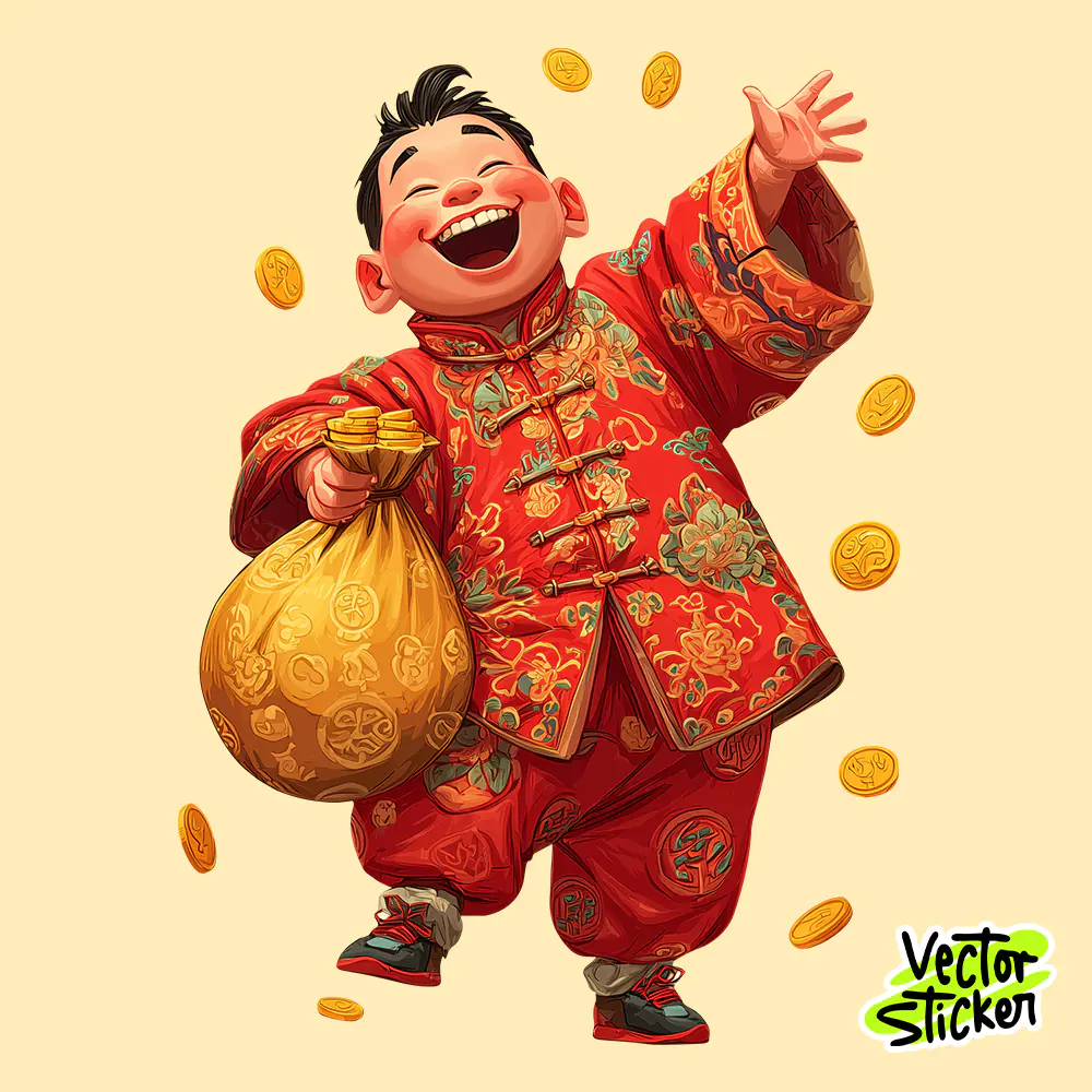 Chinese New Year Wealth Boy Mascot Illustration in Red and Gold Style