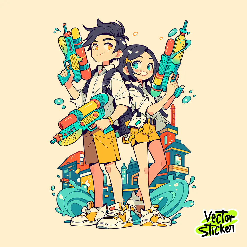 Thingyan Urban Water Festival Duo PNG Myanmar Summer Splash T-Shirt Design