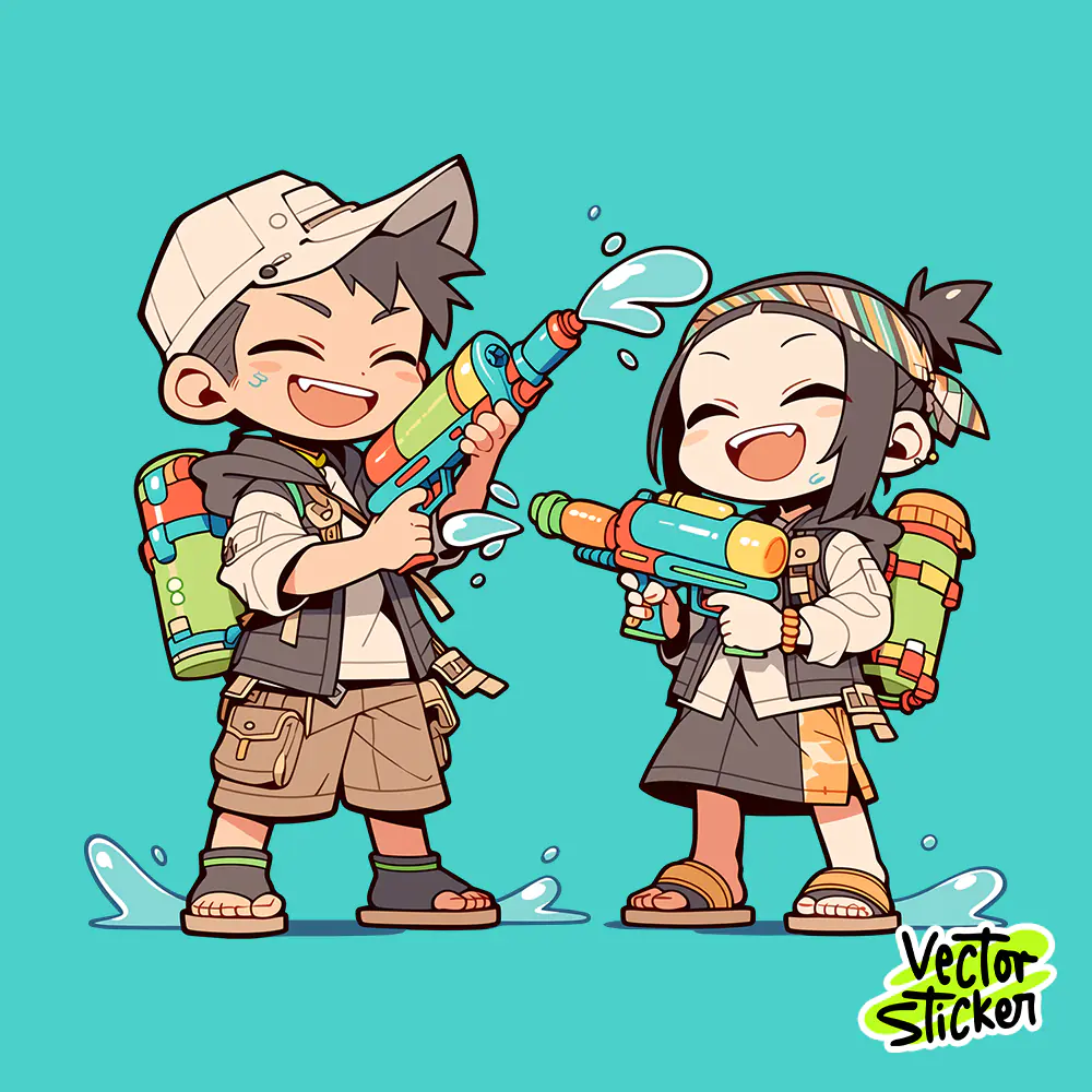 Myanmar Thingyan Water Festival Young Couple Water Gun Sticker PNG