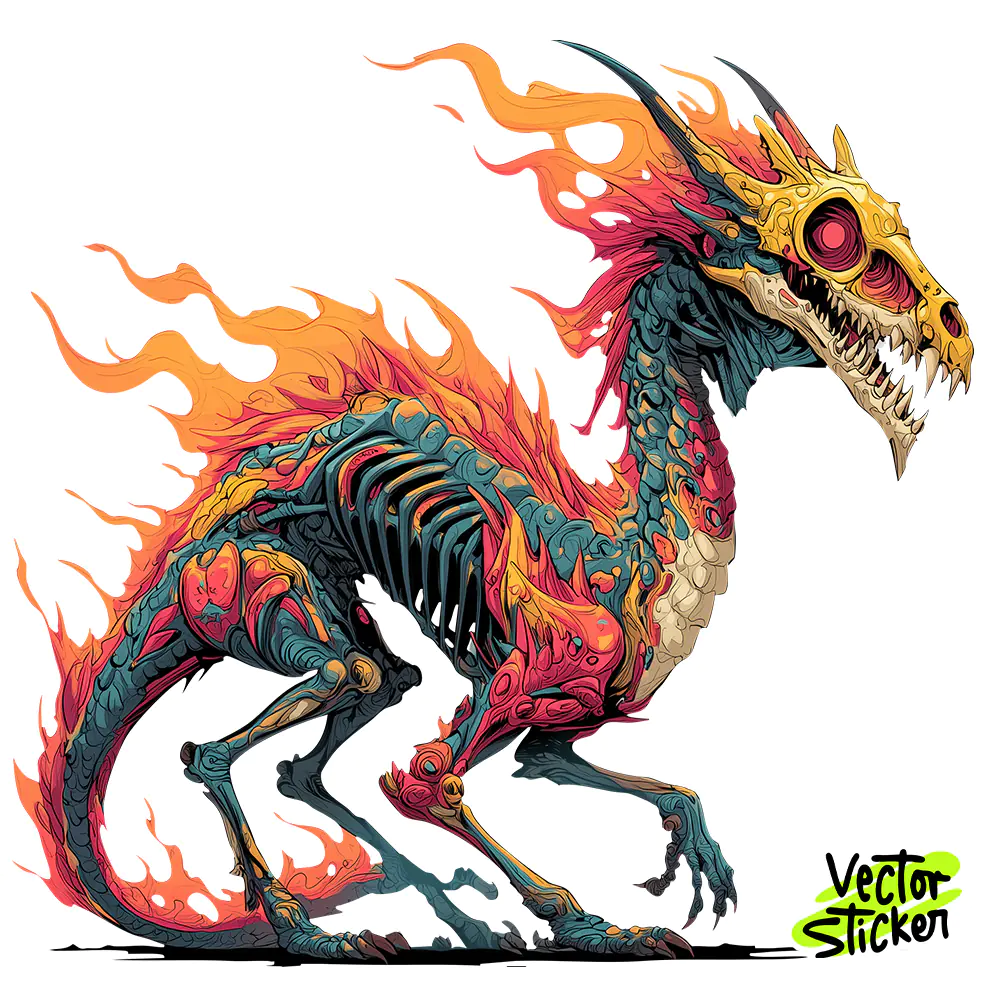 Skeleton Dragon T Shirt Fantasy Flame Creature Illustration