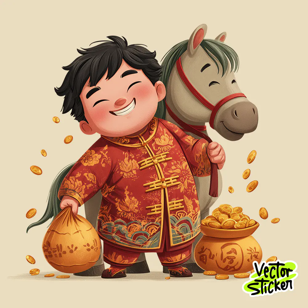 Chinese New Year Themed Wealth Kid and Lucky Horse Cartoon PNG