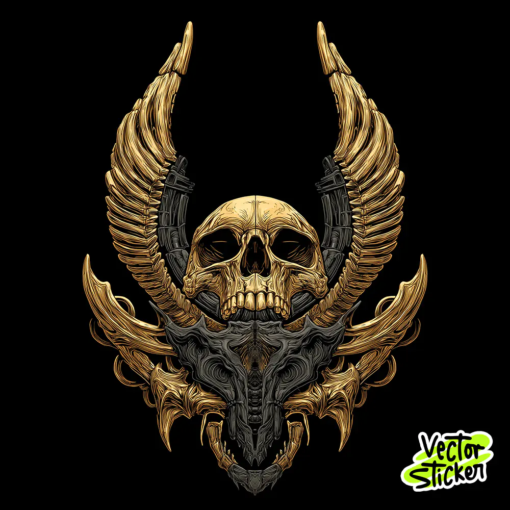 Golden Winged Skull Emblem Dark Fantasy T-Shirt Design PNG