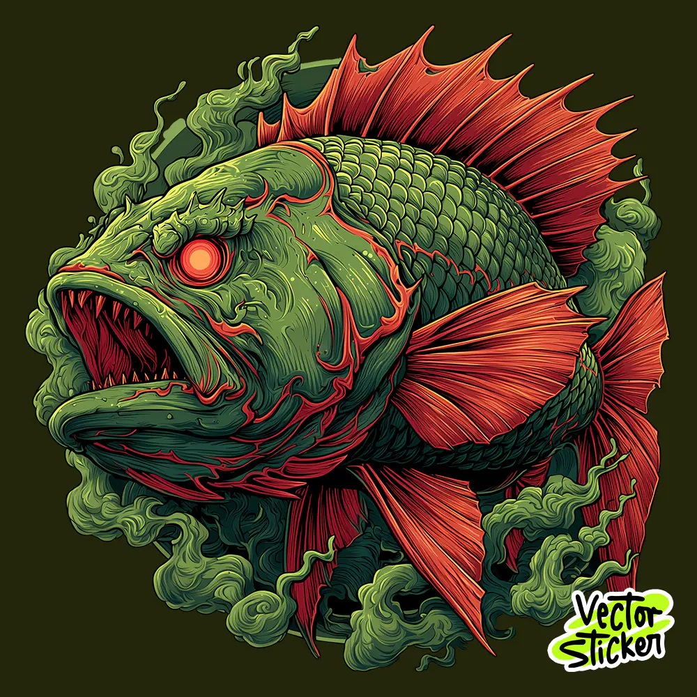 Angry Piranha Fish Sticker | Monster Fish Vector Art PNG for T-Shirt & Decal