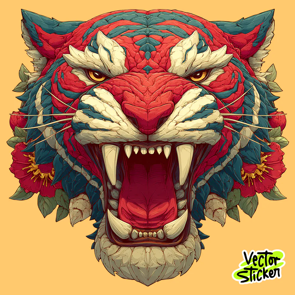 Red Tiger Head Sticker | Fierce Animal Vector PNG