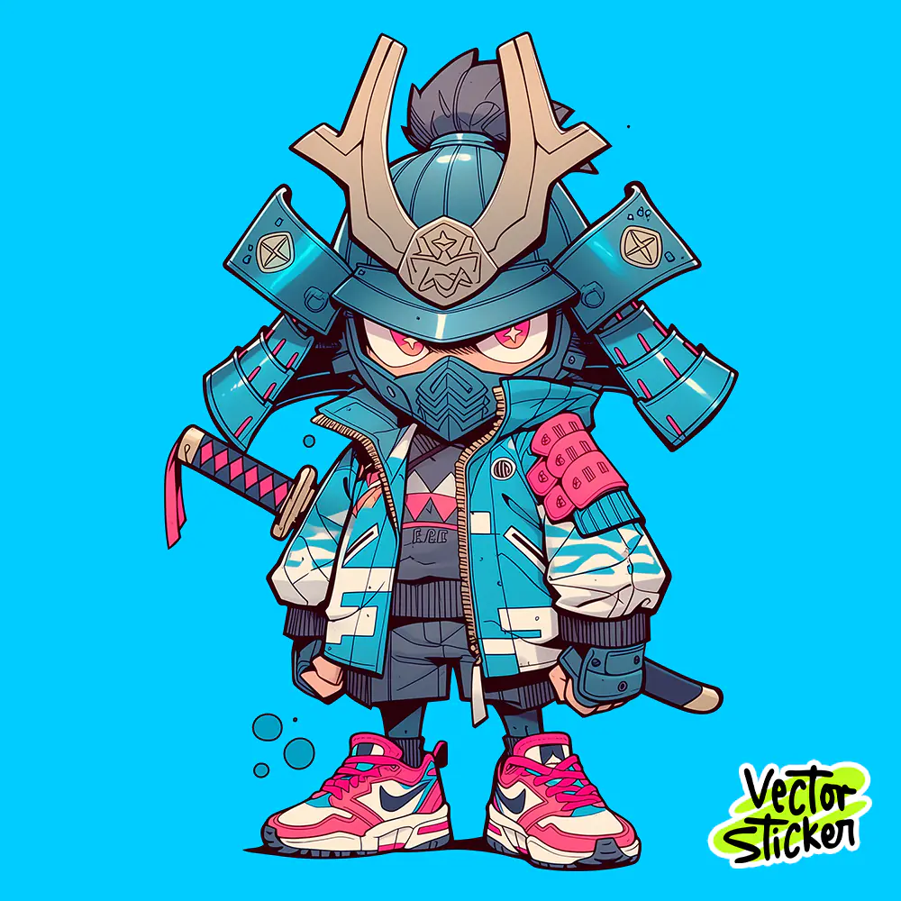 Chibi Samurai Sticker Cartoon Street Style Blue Design