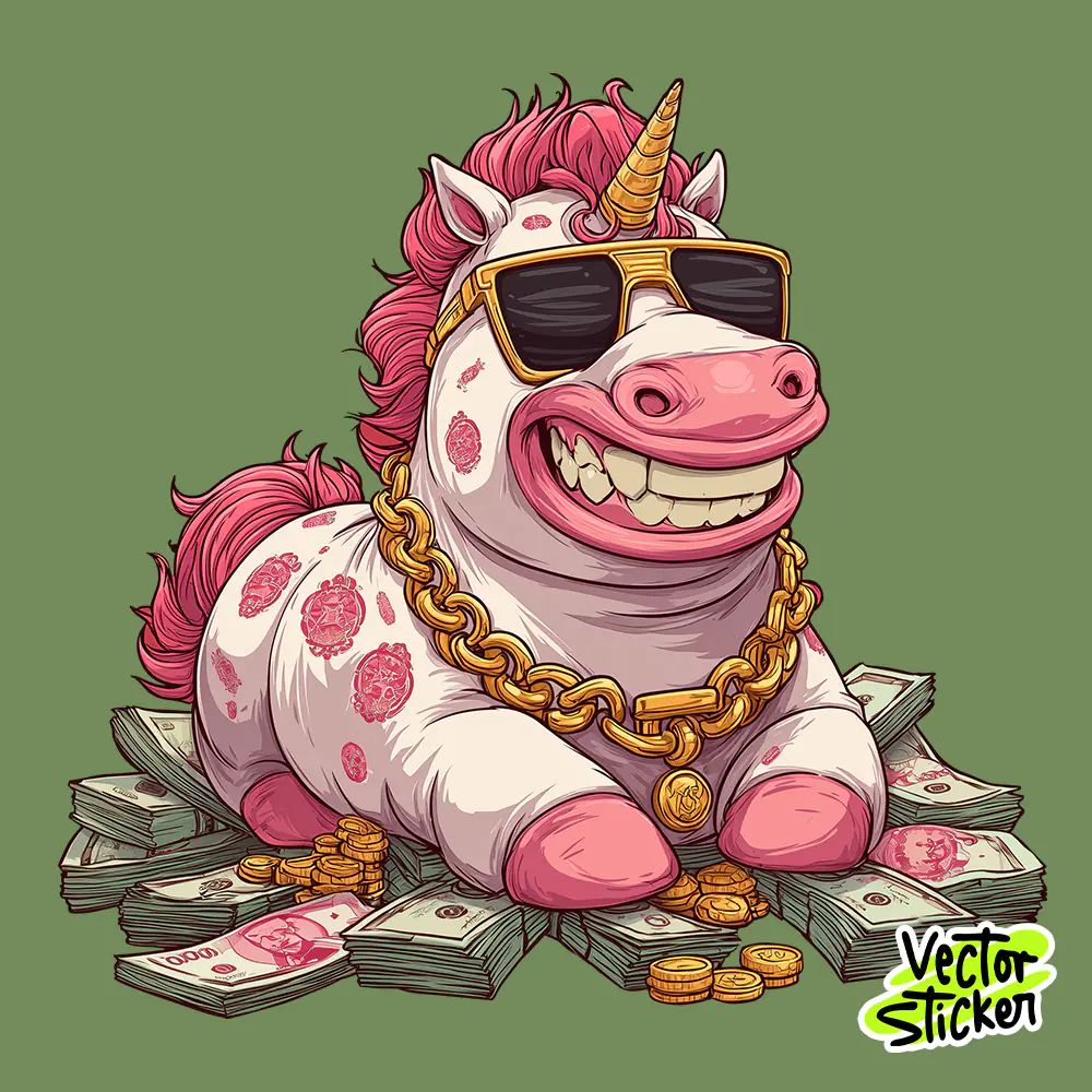 Funny Rich Unicorn Money Sticker – Kawaii Cartoon Wealth Character Illustration