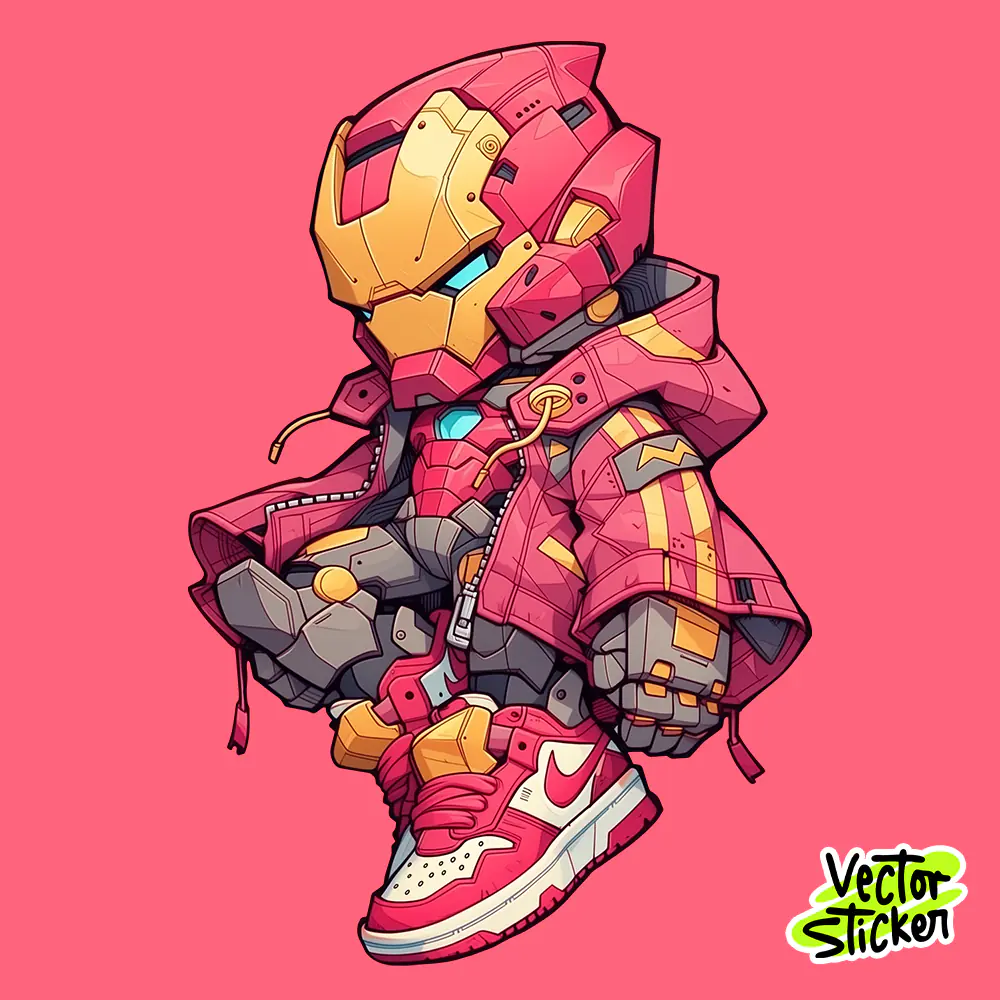 Red Gold Armored Super Hero T Shirt Chibi Cartoon Style