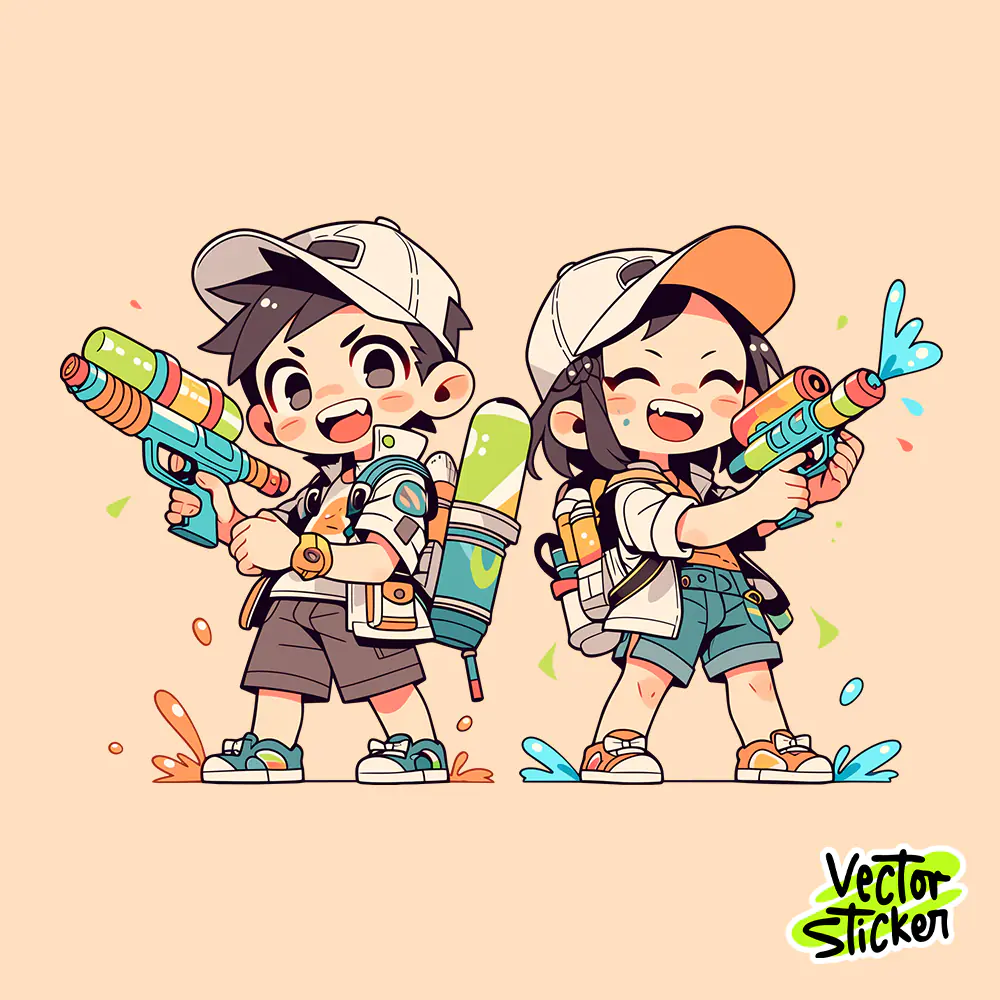 Songkran Kids Water Gun Squad PNG Cute Thailand Water Festival Sticker Design