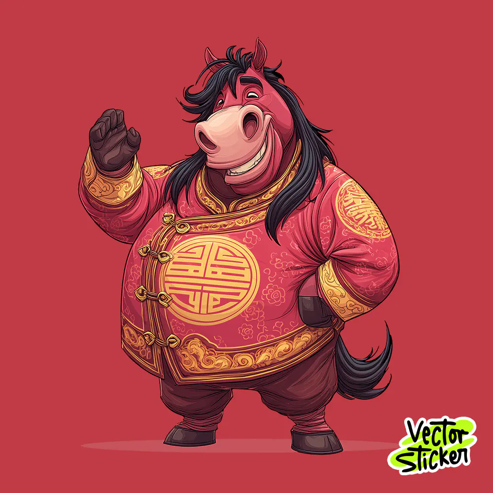 Chubby Chinese New Year Horse Mascot Waving – Red Gold Cartoon PNG
