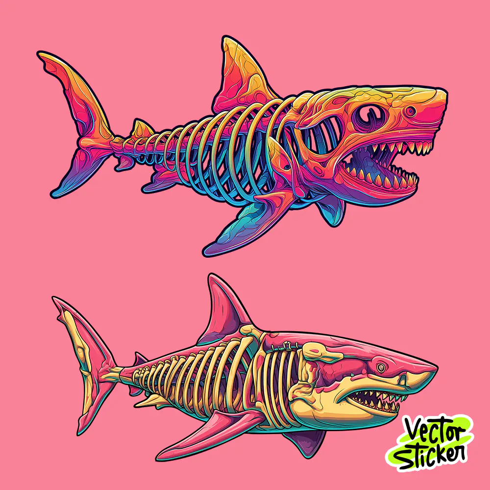 Colorful Skeleton Shark Vector Pack – Neon Shark Bone Illustration