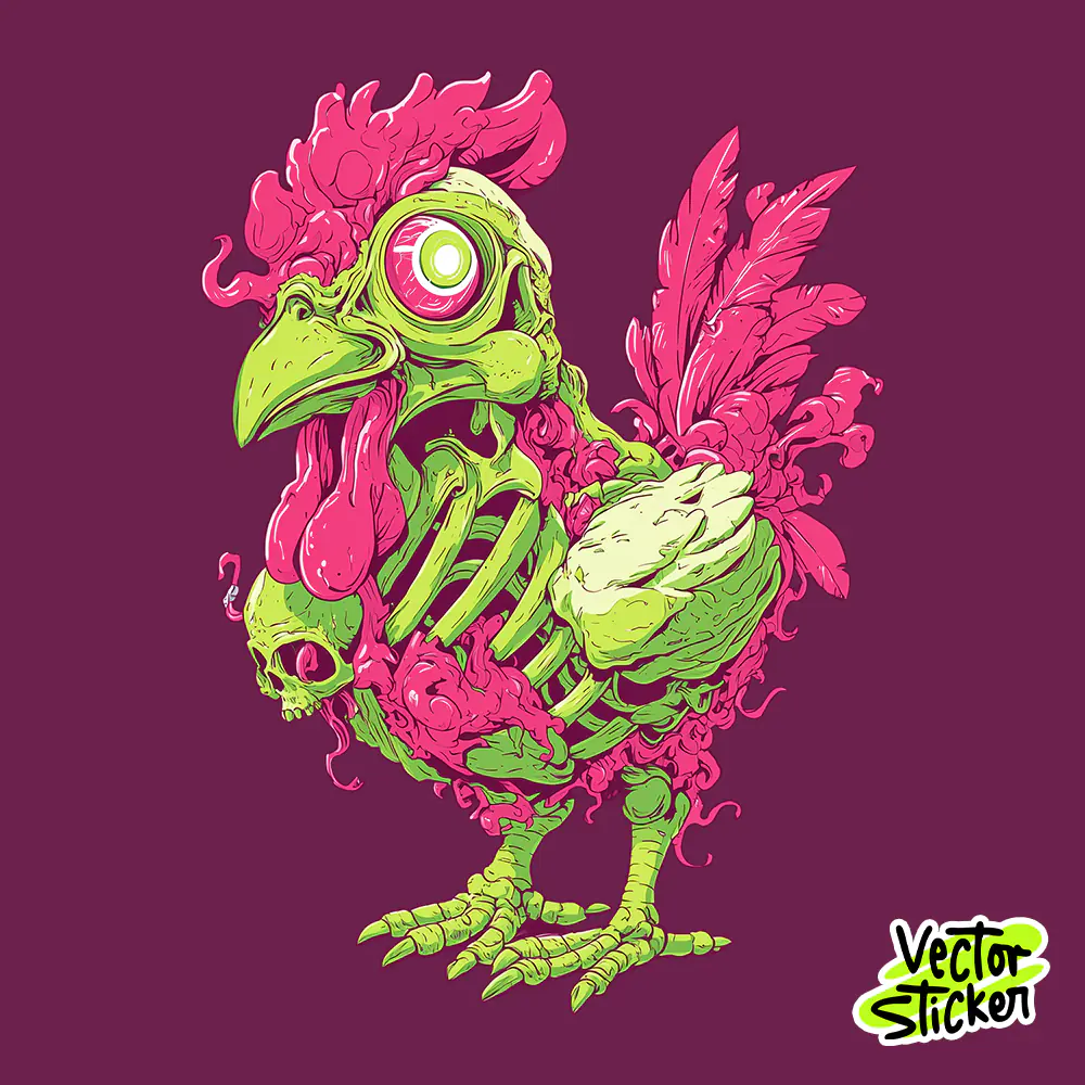 Neon Skeleton Chicken T Shirt Design Graffiti Cartoon PNG
