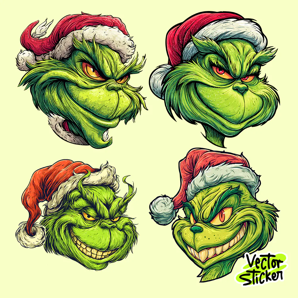Grinch Face Sticker Pack – High-Resolution PNG for T-Shirts & Merch