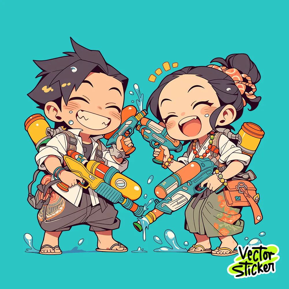 Cute Songkran Water Festival Thai Couple Water Gun Sticker PNG
