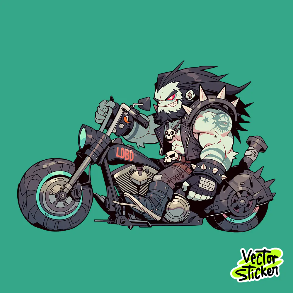 Metal Biker Monster Riding Motorcycle Sticker – Dark Lobo Sticker PNG