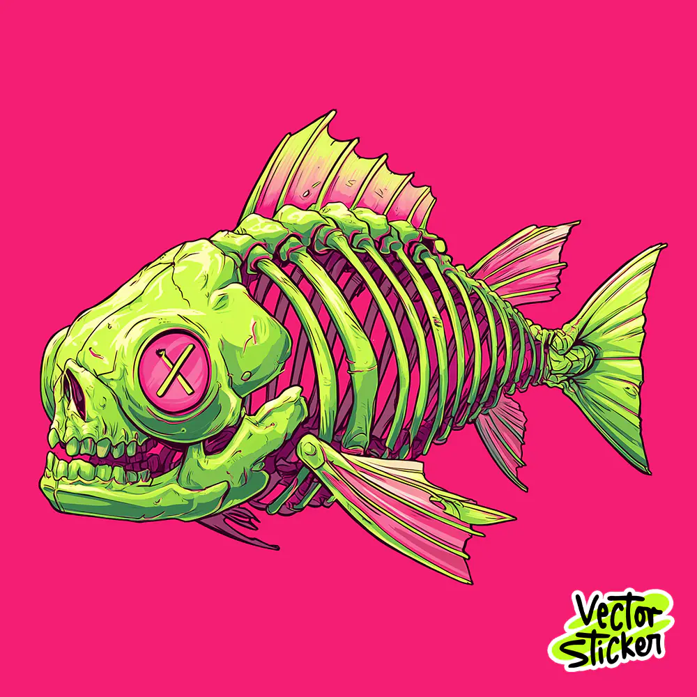 Neon Zombie Fish Skeleton Cartoon Illustration Sticker PNG
