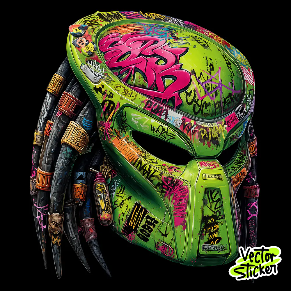 Predator| Neon Green Graffiti Sci-Fi Mask Illustration on Dark Background