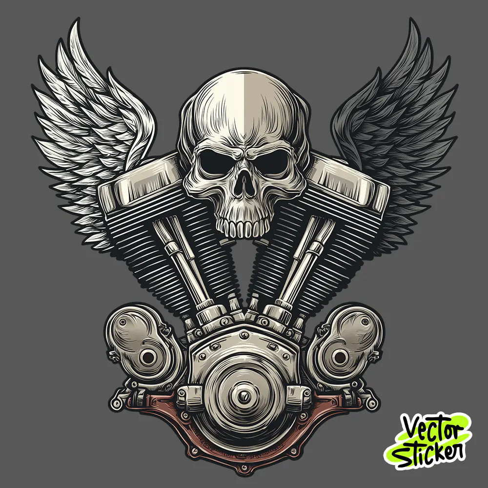 Skull Head V-Twin Engine T-Shirt Illustration Free PNG Download