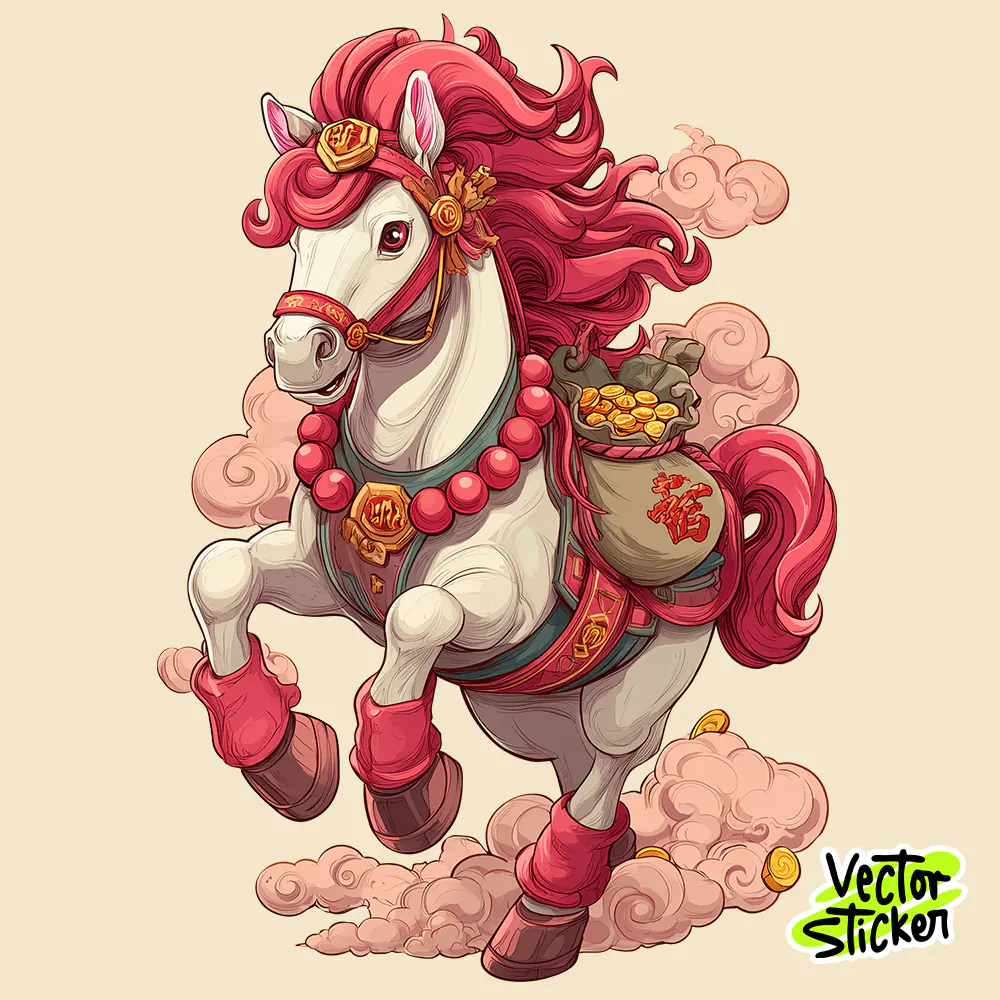 Chinese New Year White Horse Running with  Gold Bag  in the cloud, Pink and Red Festive Style