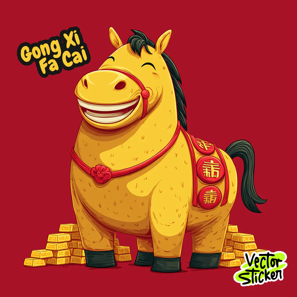 Golden Horse with Gold Bar Cartoon Illustration for Chinese New Year