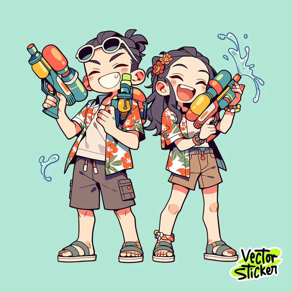 Songkran Tropical Couple Water Festival PNG Thailand Summer Splash T-Shirt Design