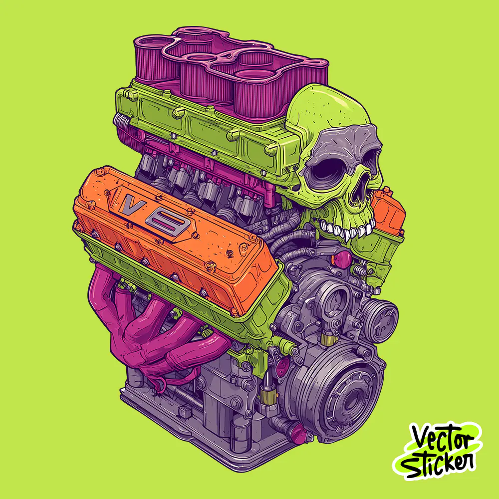 Skull V8 Engine Mechanical Illustration T-Shirt Design PNG