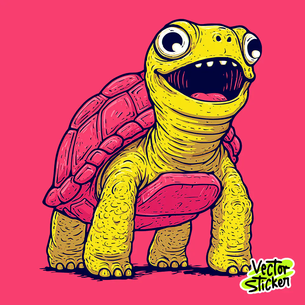 Crazy Cartoon Turtle T-Shirt Design with Neon Pink and Yellow Style